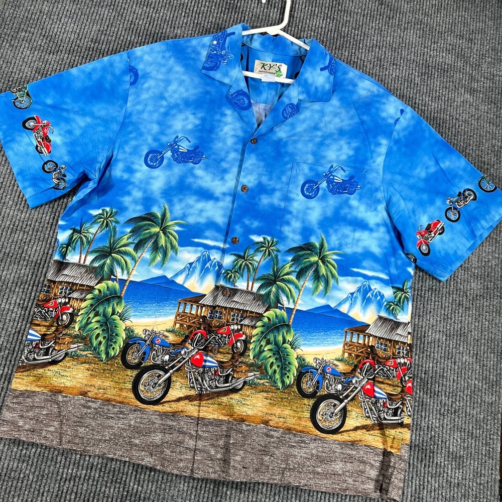 KYs Shirt Mens XL Extra Large Short Sleeve Button Up Hawaiian Motorcycles USA